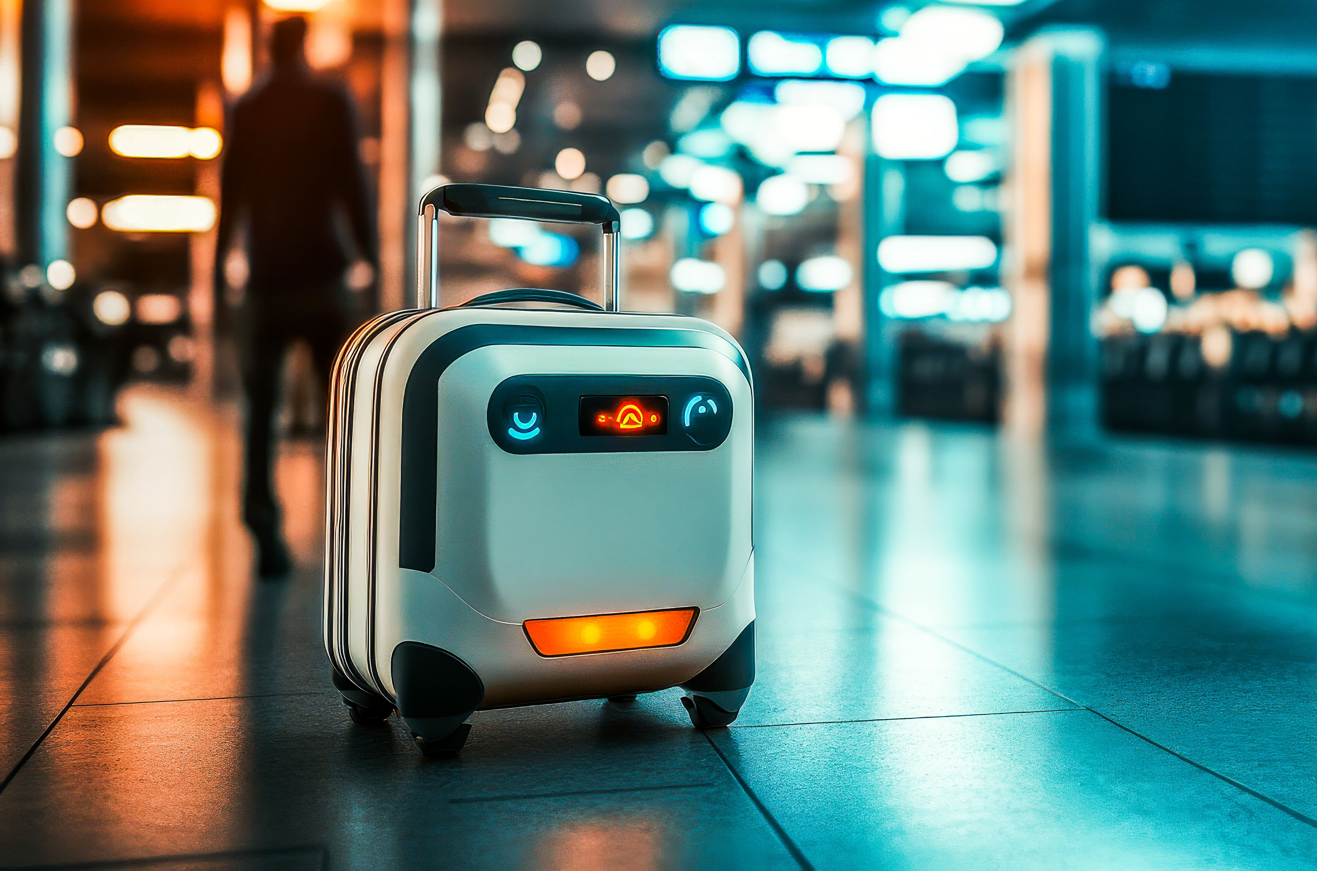 Autonomous robot suitcase navigating an airport terminal