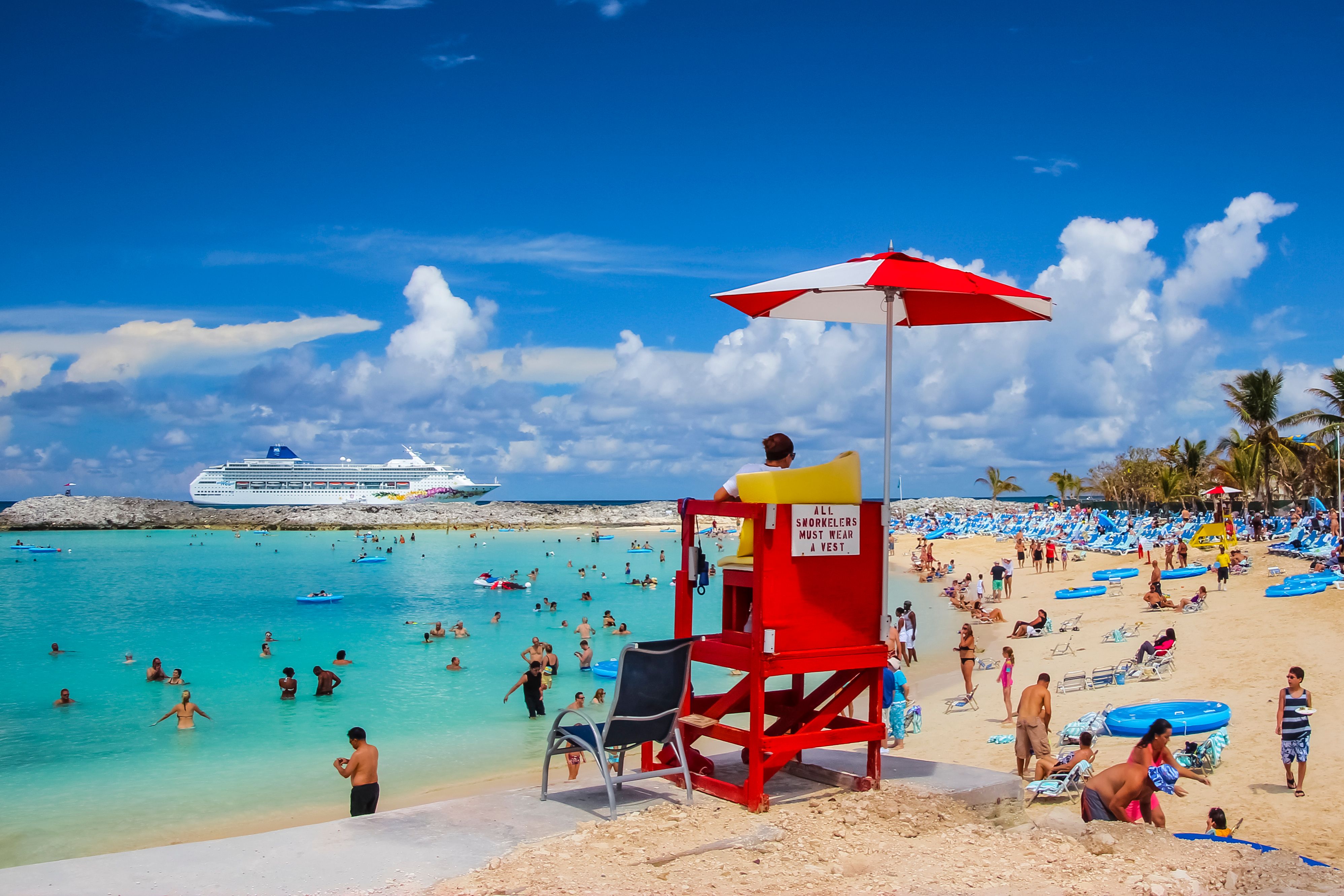 Great Stirrup Cay, Bahamas. Tourists enjoy the sunny weather on the great Cay Strirrup Island in Bahamas.