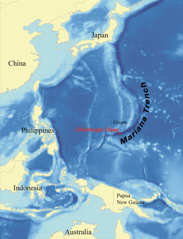 Deep Challenger appears in the Mariana trench on the map