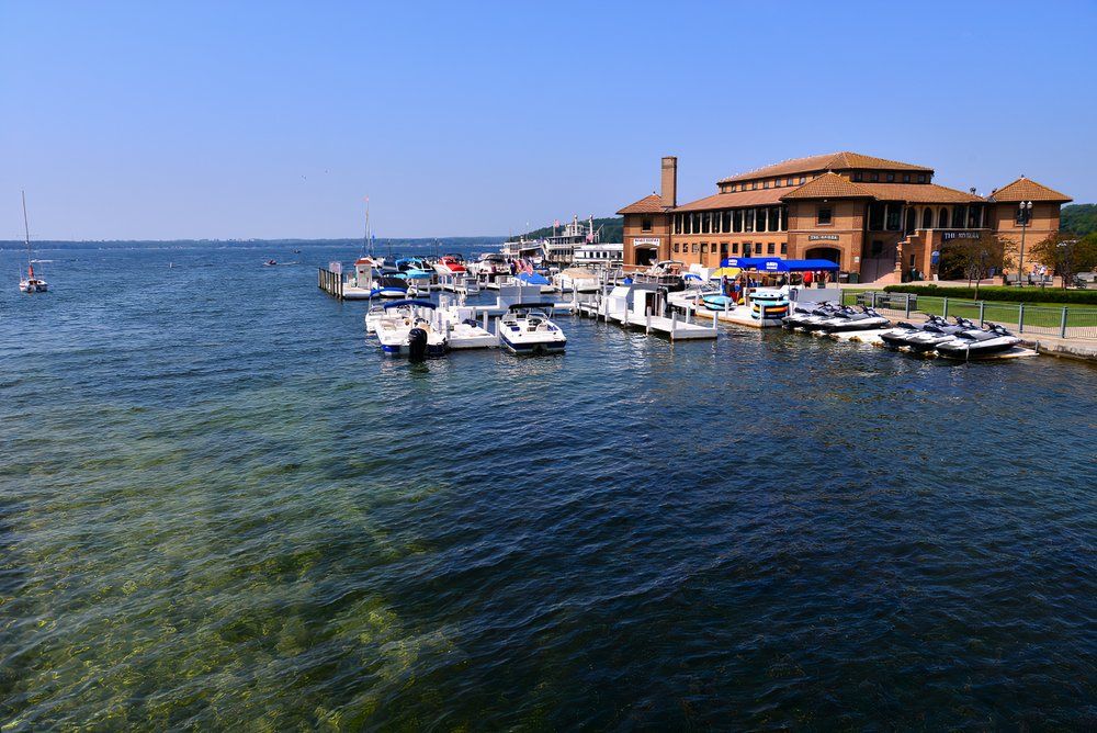 The Riviera building, on the shore of Lake Geneva, where boat rentals and boat tours are available during the summer tourism season in Wisconsin