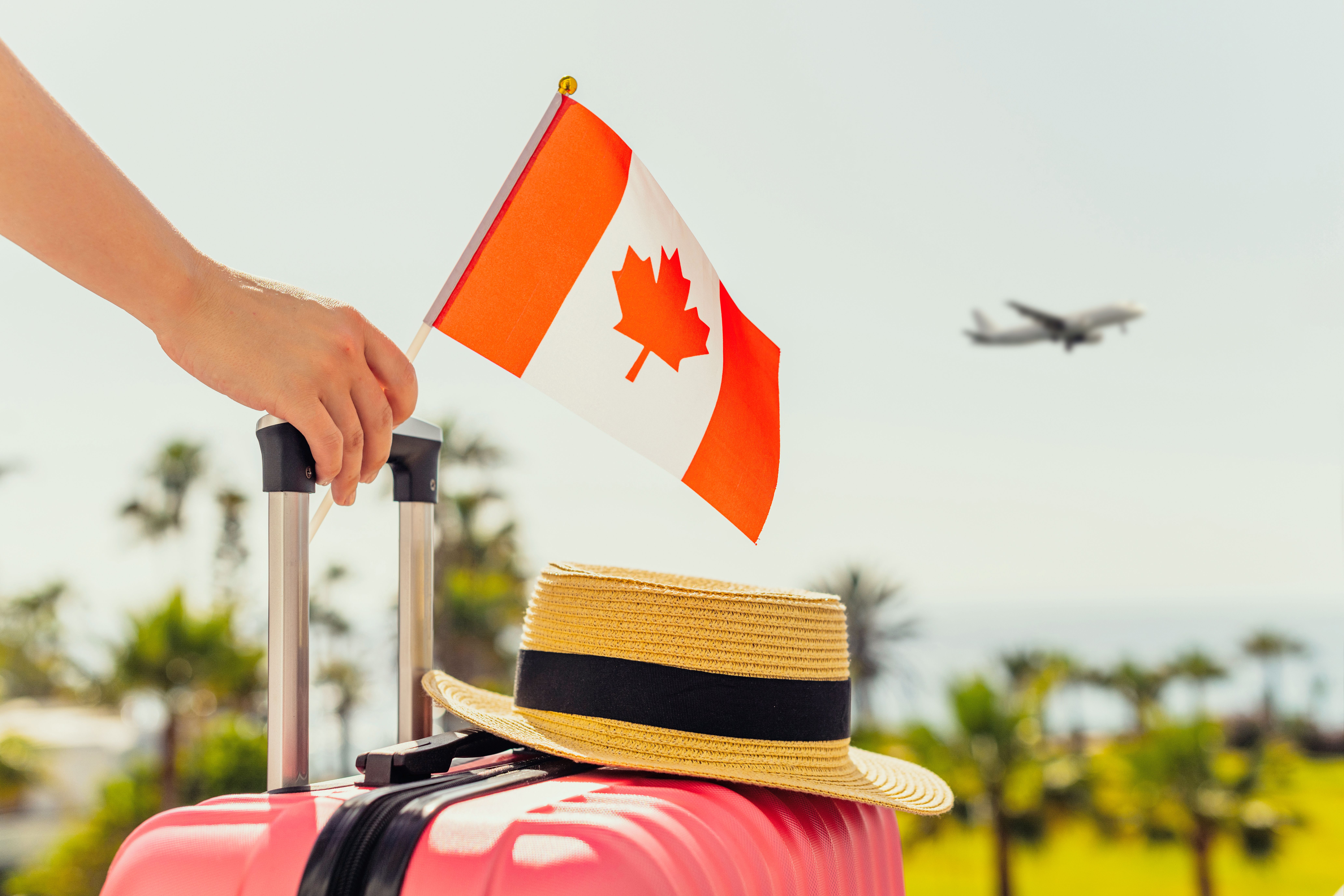 A woman with a pink suitcase carrying a Canadian flag standing in front of an airport watching a plane take off.