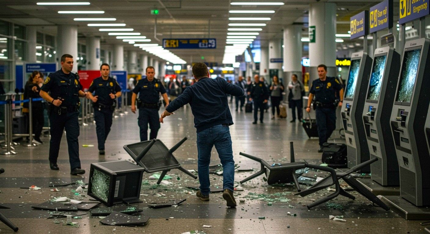 当机场警察向他奔跑时