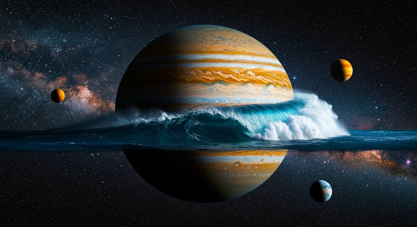 An AI representation of Jupiter with an ocean with other planets in the solar system in the background