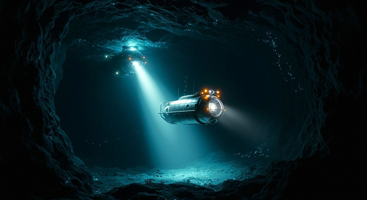 An AI image of small submarines shining lights in a deep underwater canyon in the ocean