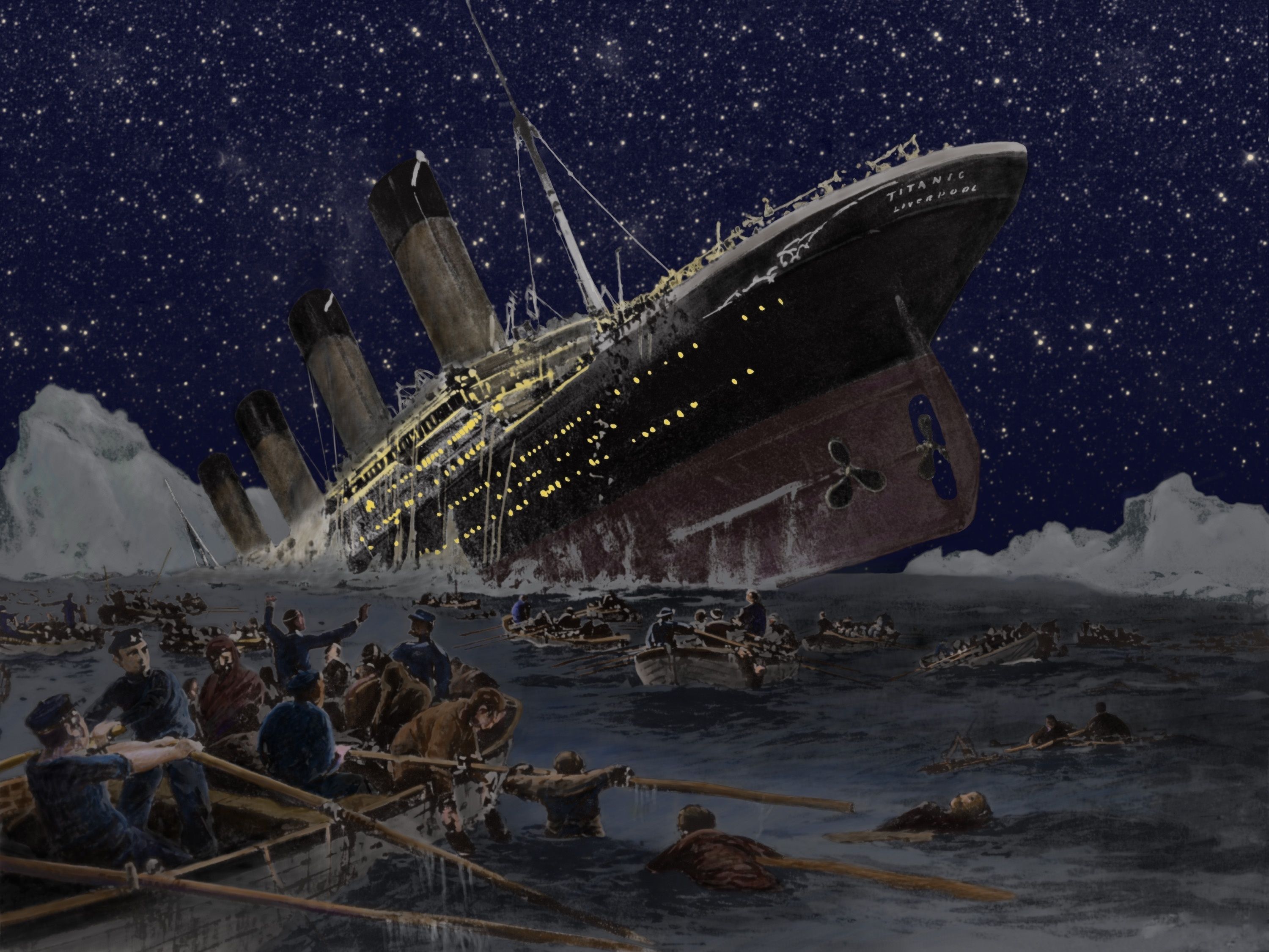 Sinking of the Titanic showing lights on ocean liner as it sank - Illustration by German artist Willy Stower (1864-1931), 1912 watercolor with digital enhancement