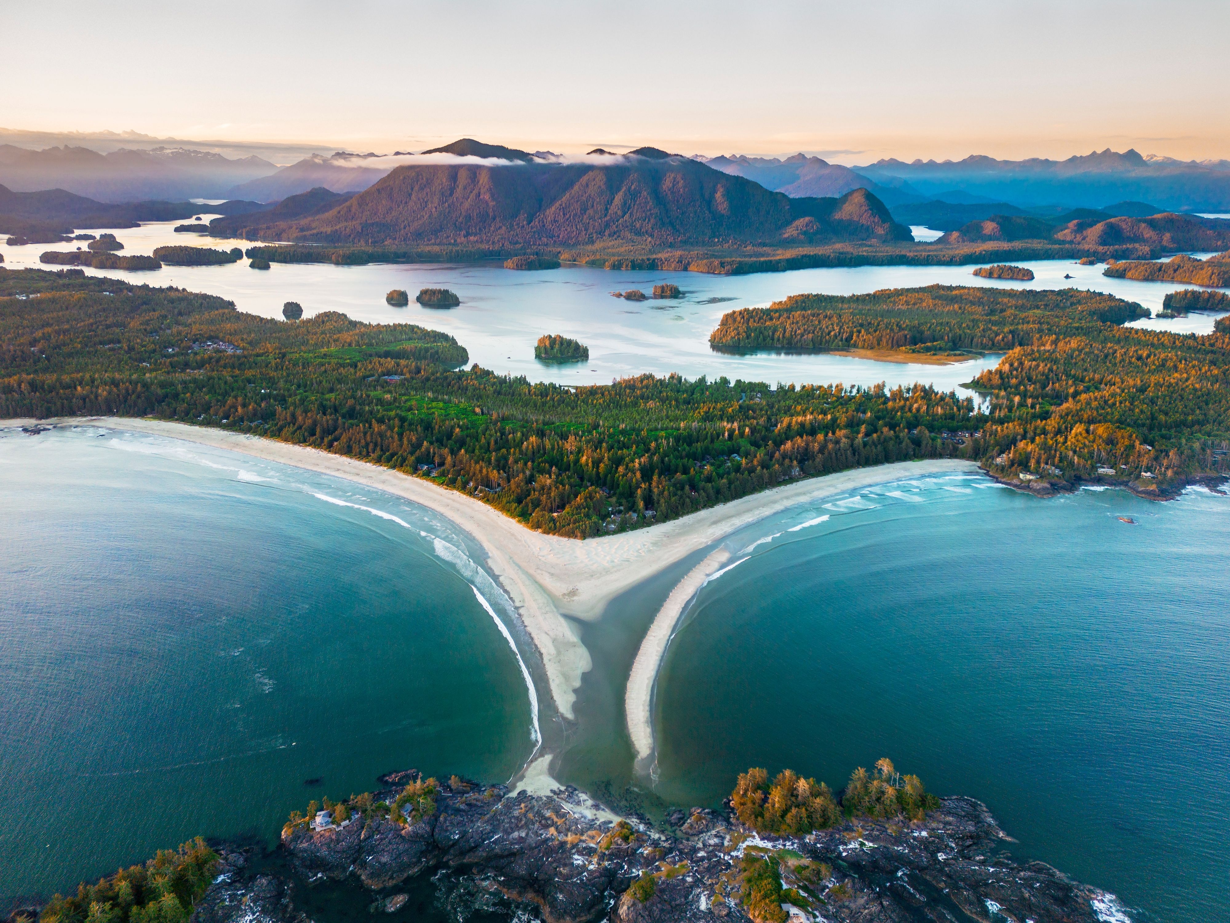Aerial view of Tofino and the coast of Vancouver Island, Canada