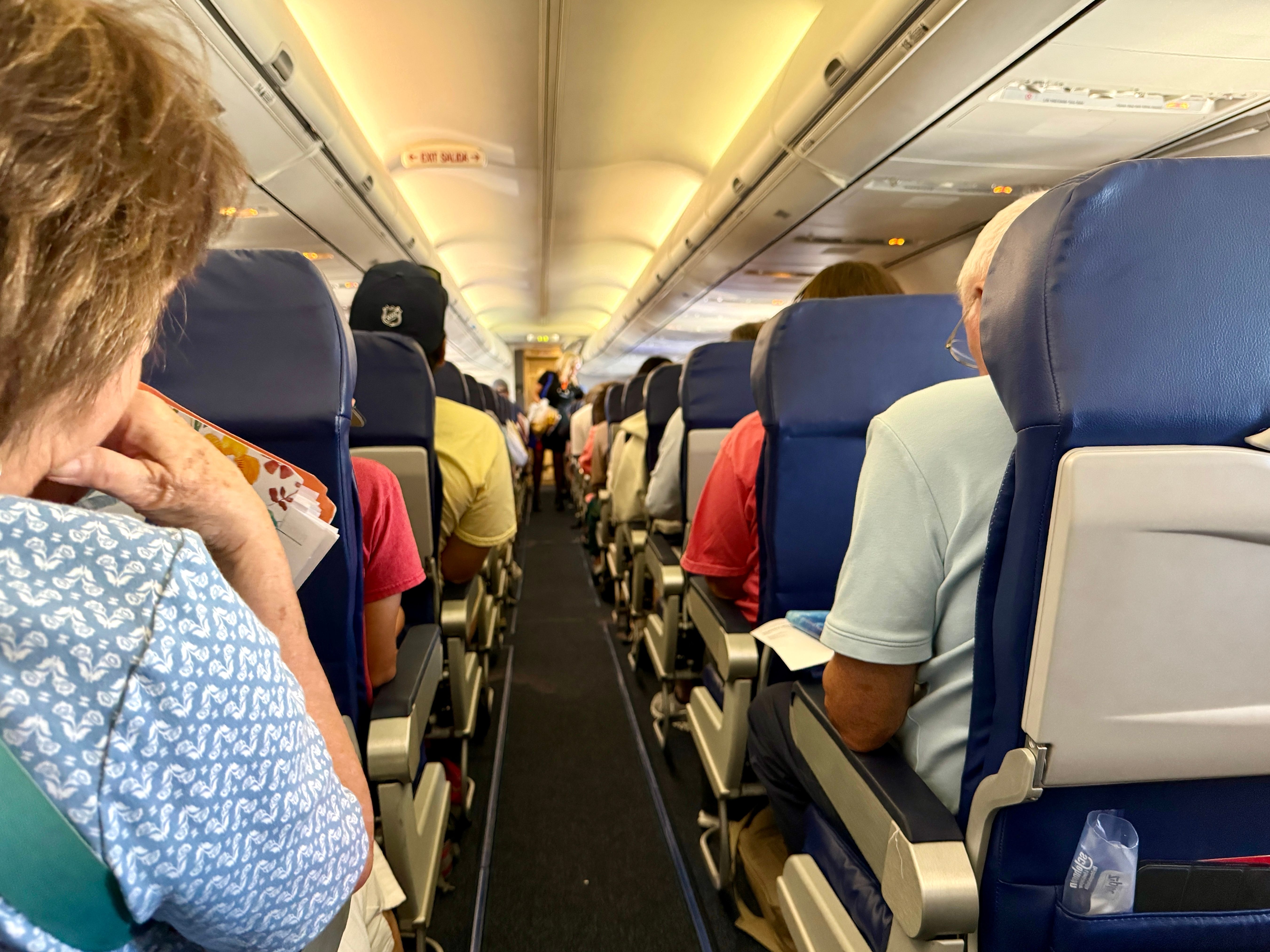 A view of people on a Southwest Airlines airplane waiting for it to take off.