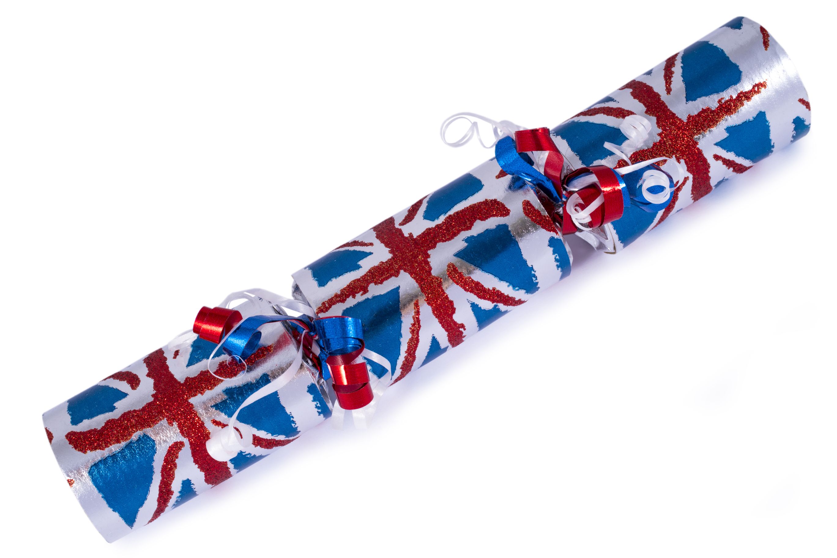 British Christmas cracker with a Union Jack design against a white background