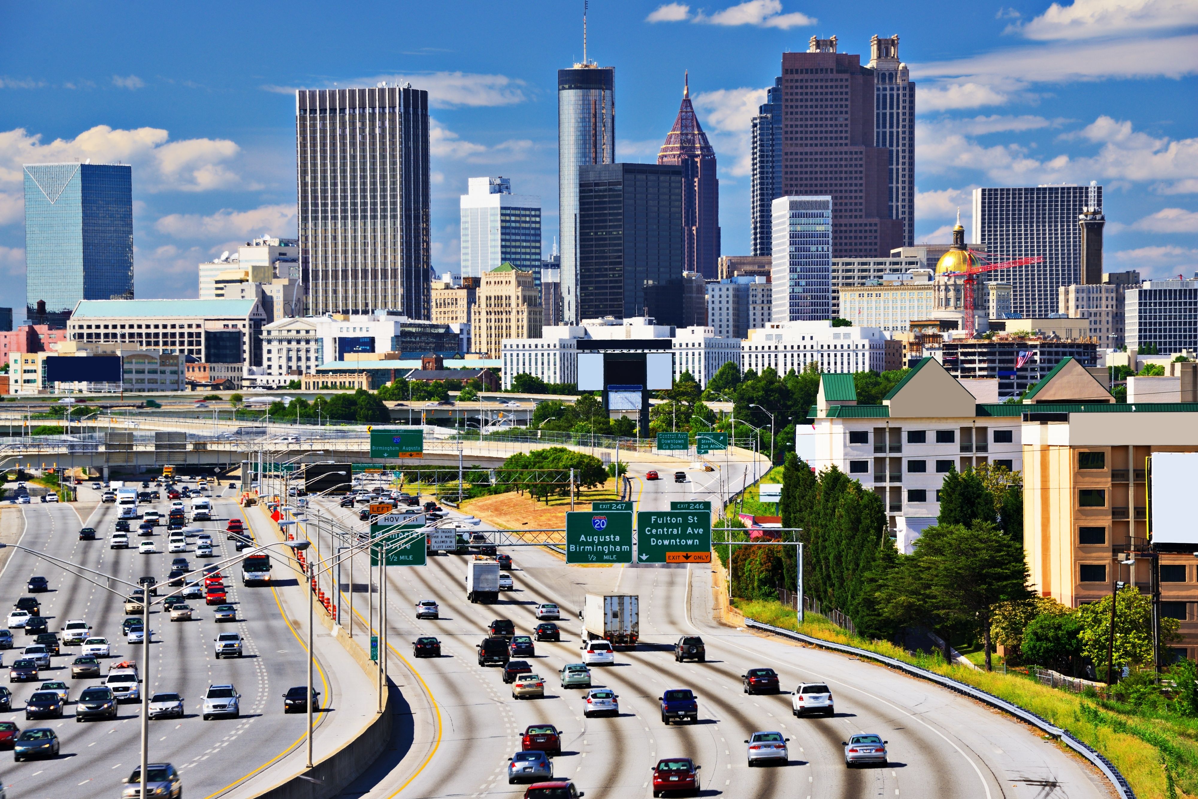 The view of the highway is heading to the city center of Atlanta, Georgia.