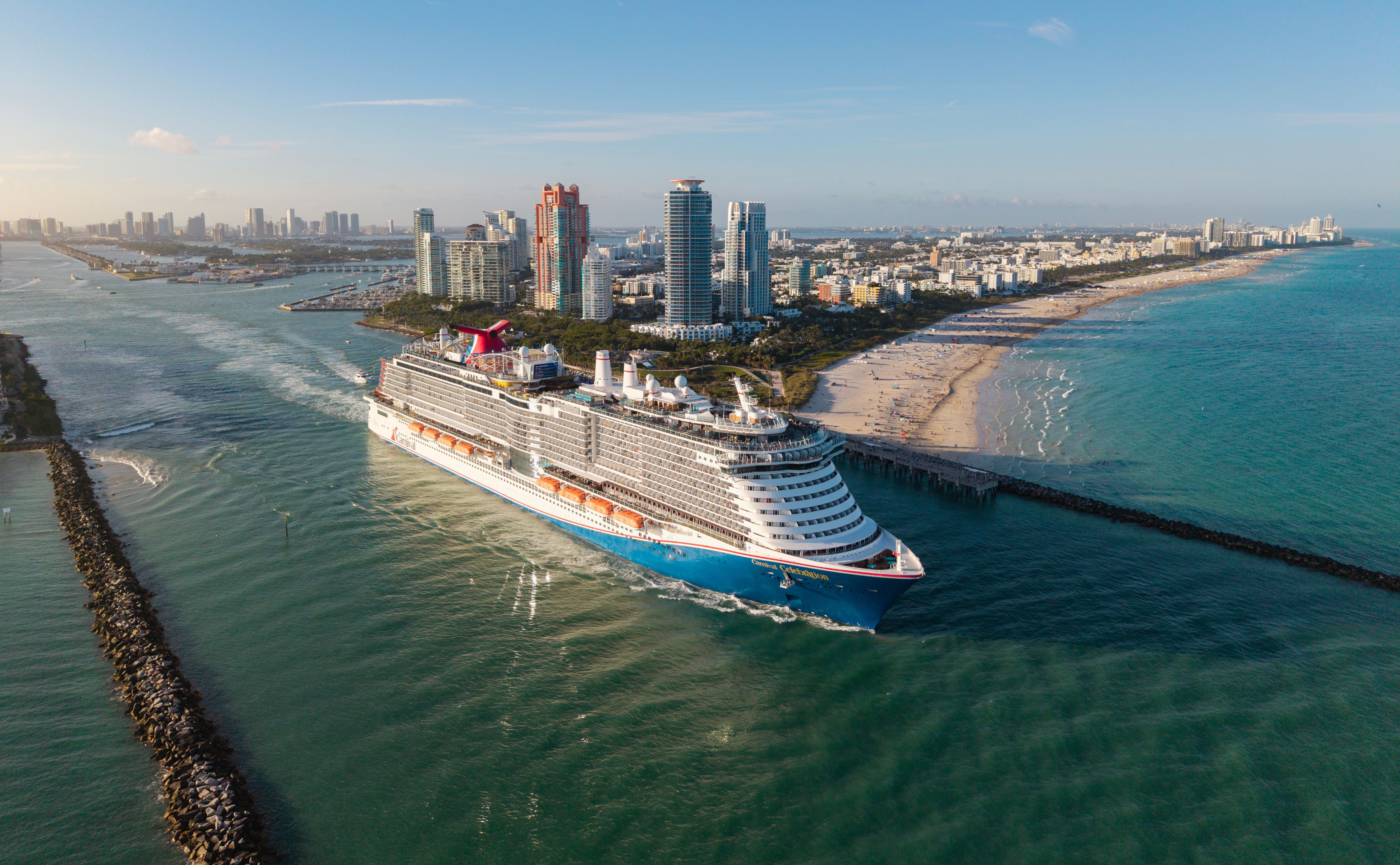 Miami, Florida, USA. Carnival Celebration cruise ship voyage. Cruise in summer vacation. Carnival Cruise line. Cruise ship tour and travel at sea. Ship leaving Miami beach port