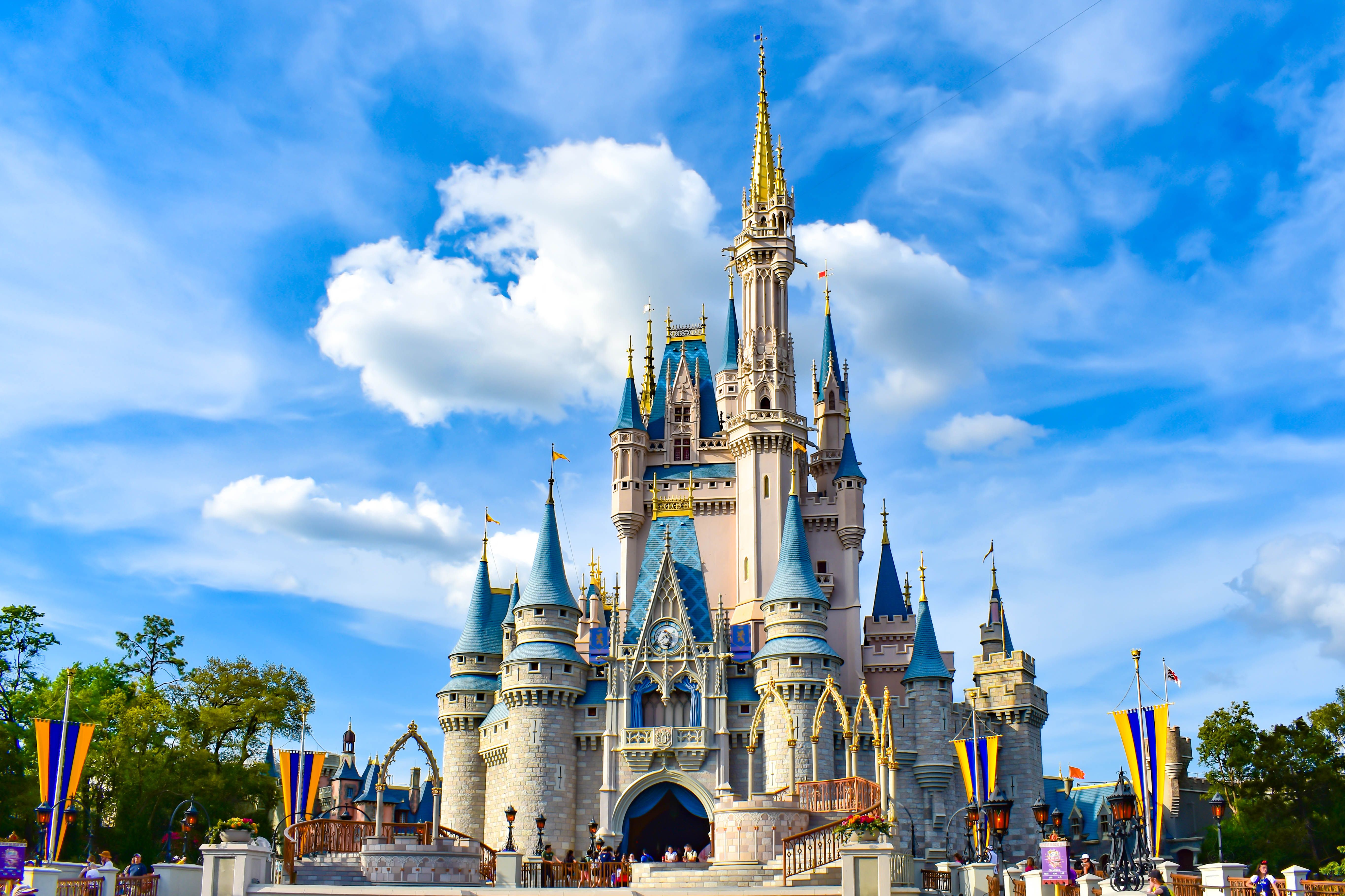 Orlando, Florida. March 19, 2019. Panoramic view of Cinderella`s Castle on lightblue cloudy sky background in Magic Kingdom at Walt Disney World 1