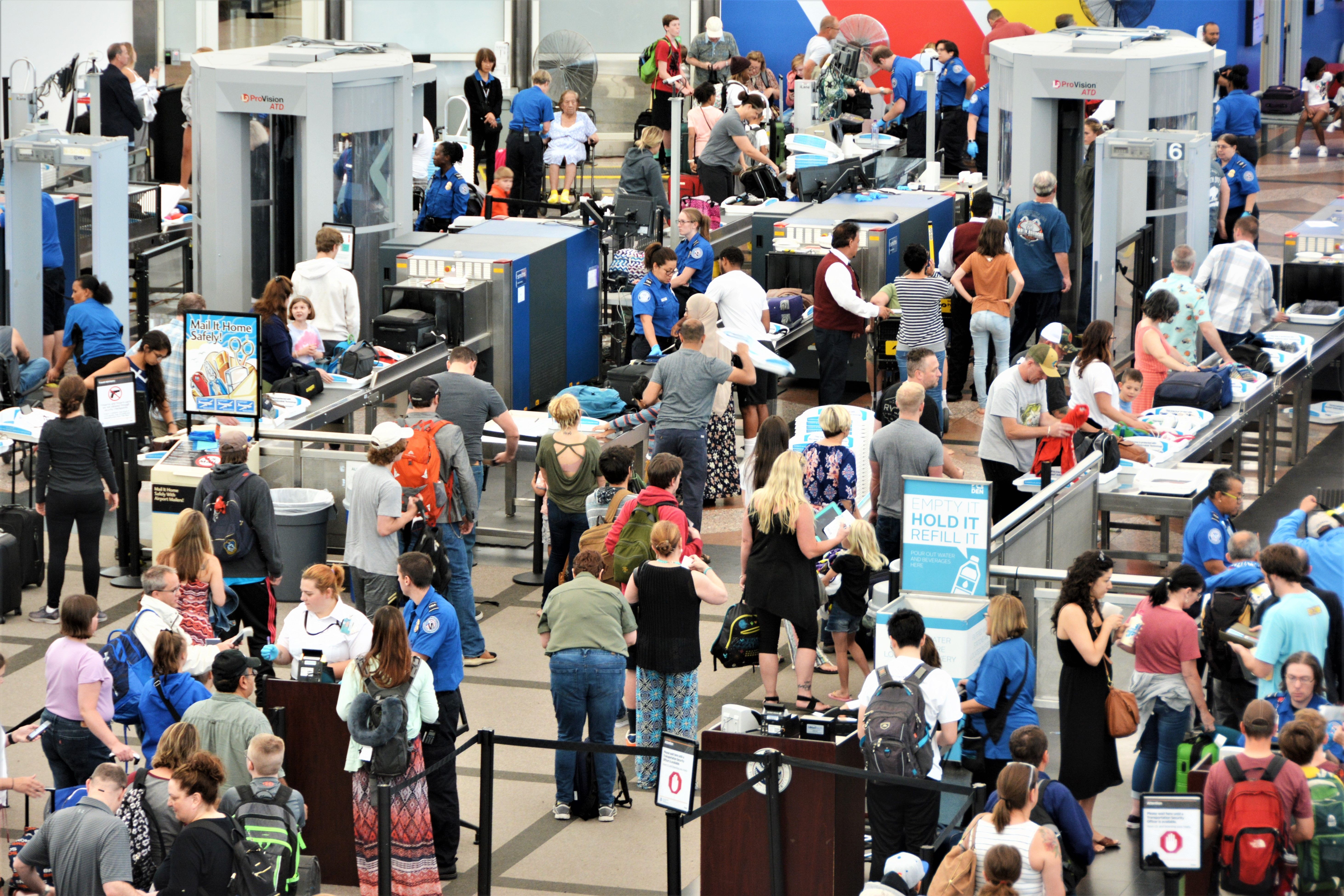 Long lines of passengers at Denver International Airport TSA, Colorado, CO, USA