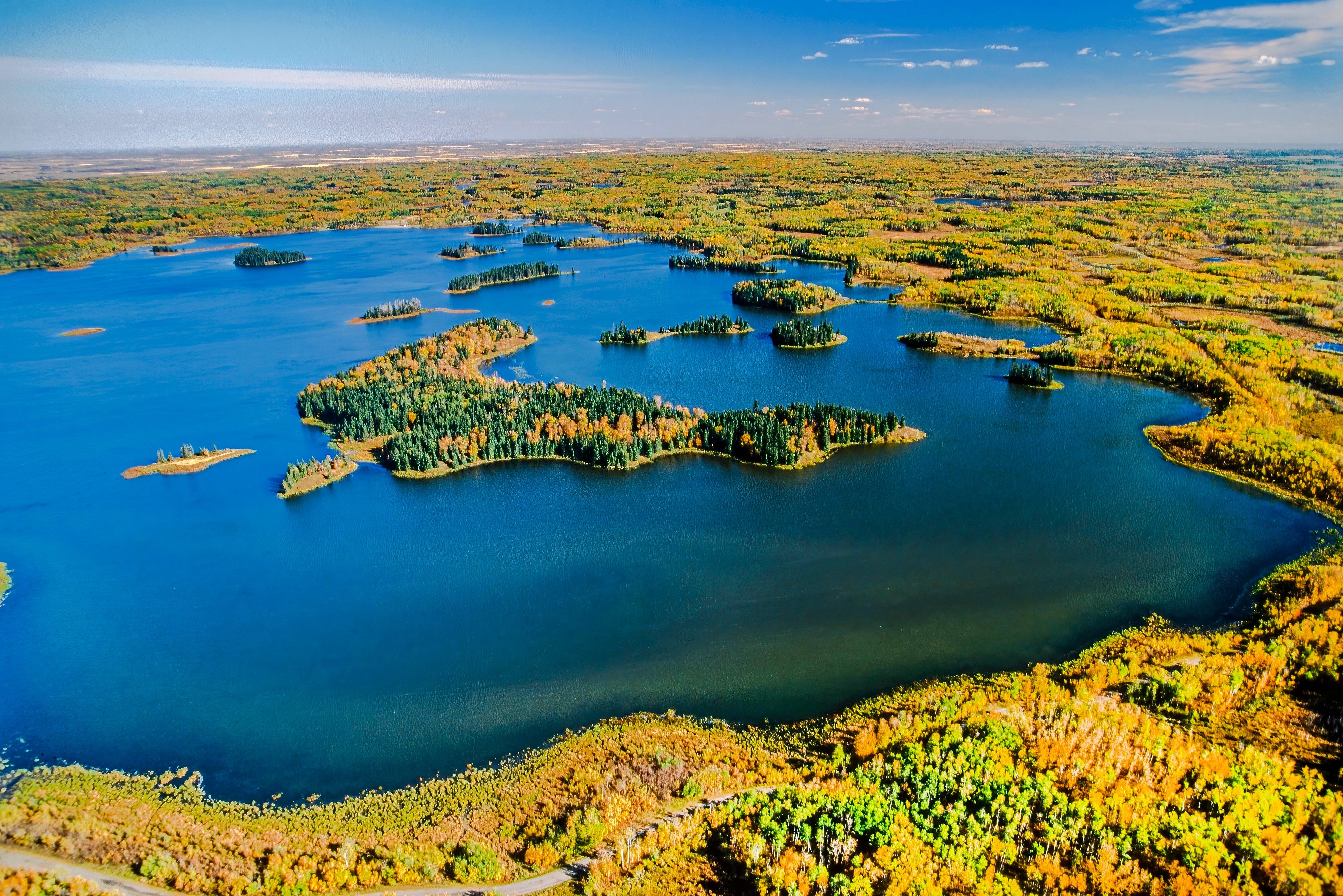 Aerial view of the forests, water, and islands at Elk Island National Park, Alberta, Canada