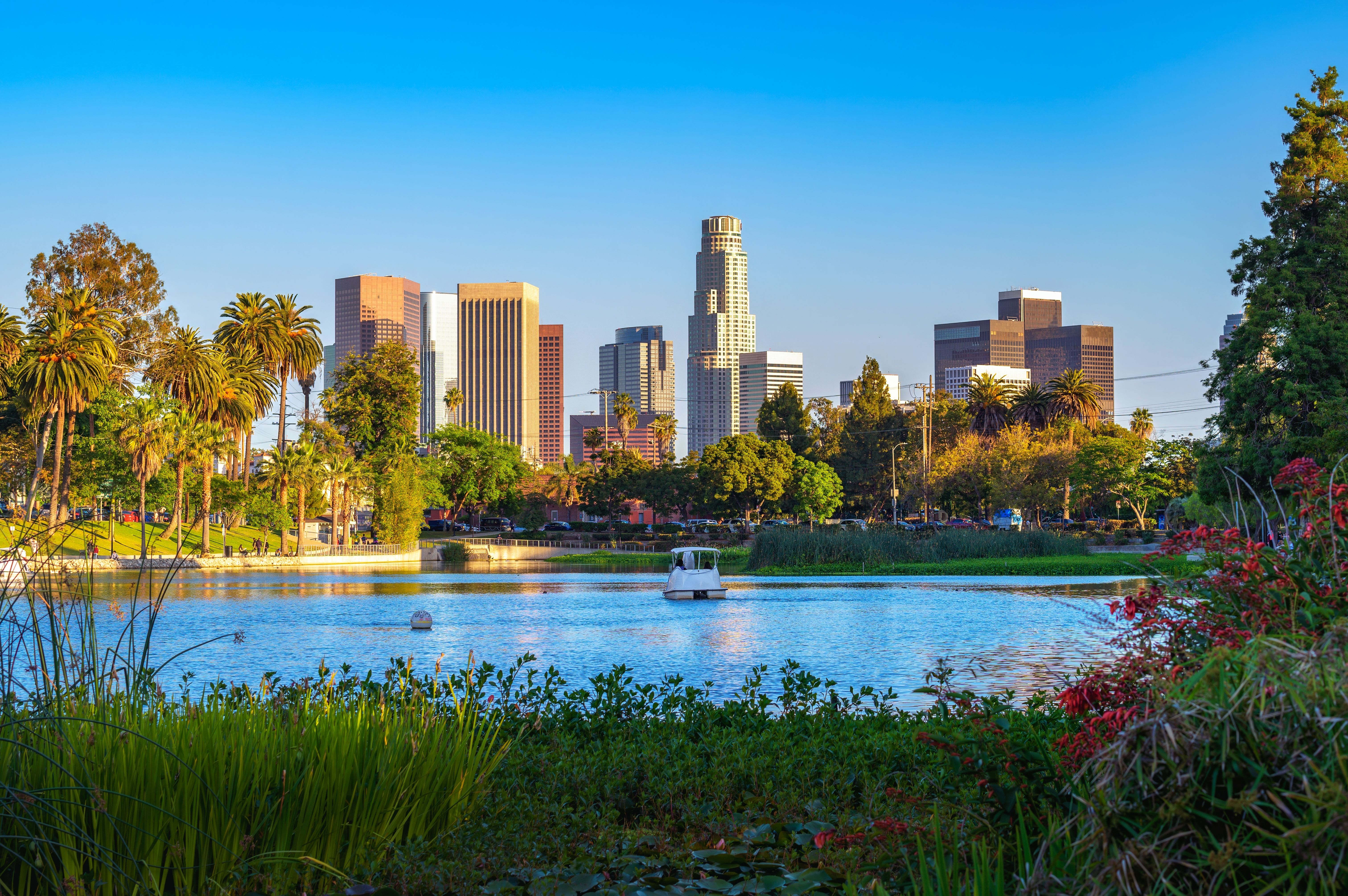 City skyline of Los Angeles downtown in California during sunset from Echo Lake Park