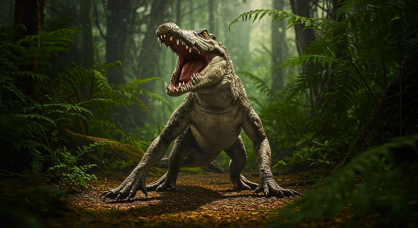 An AI representation of a reptile, crocodile-like creature that may closely resemble an ancient prehistoric sebecid