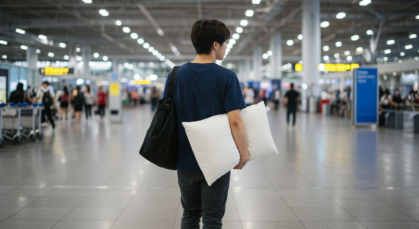 Someone at the airport carrying a pillow is seen from behind.