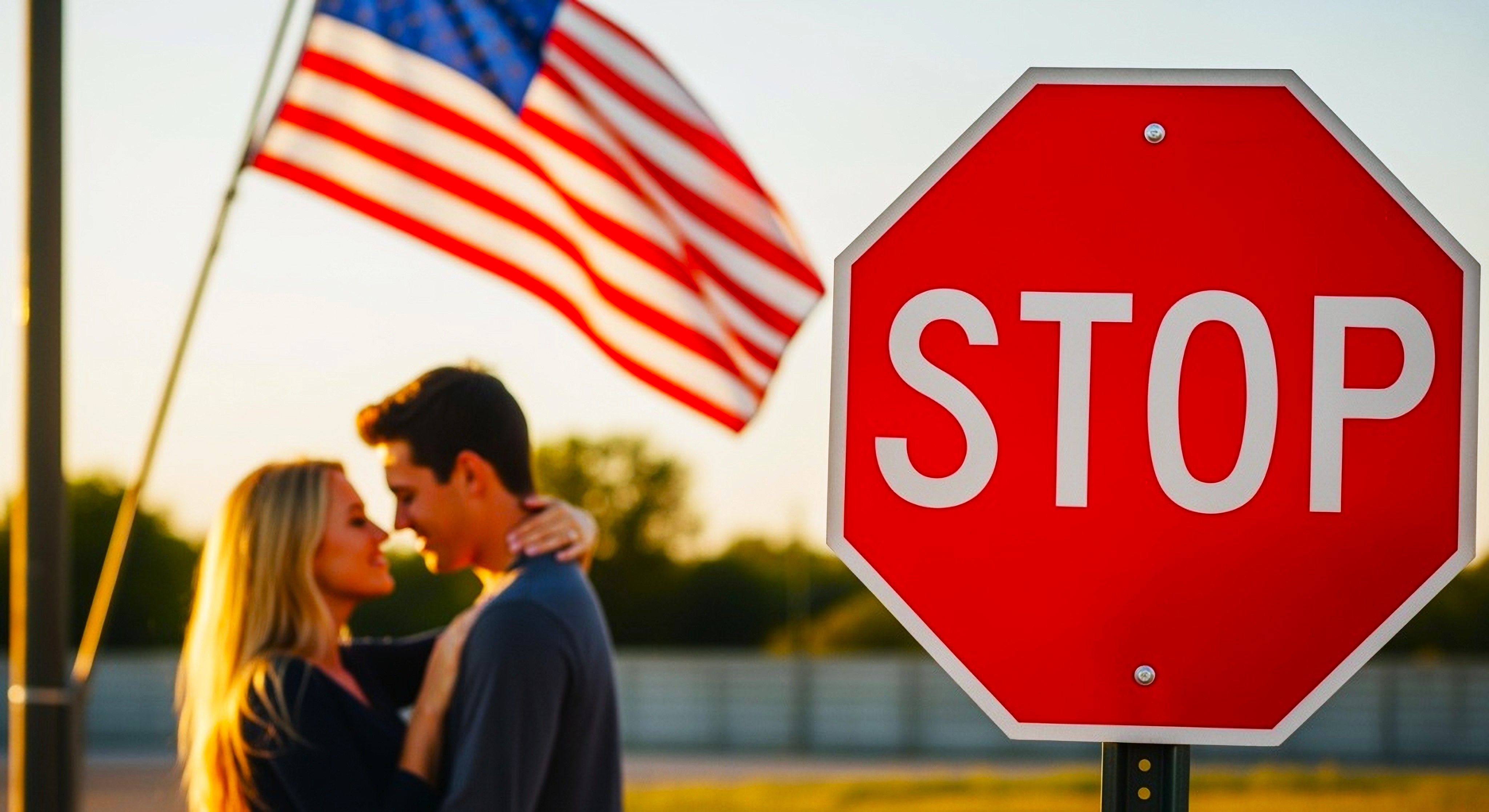 An AI representation of a couple hugging in front of a US flag, with a stop sign in front of them