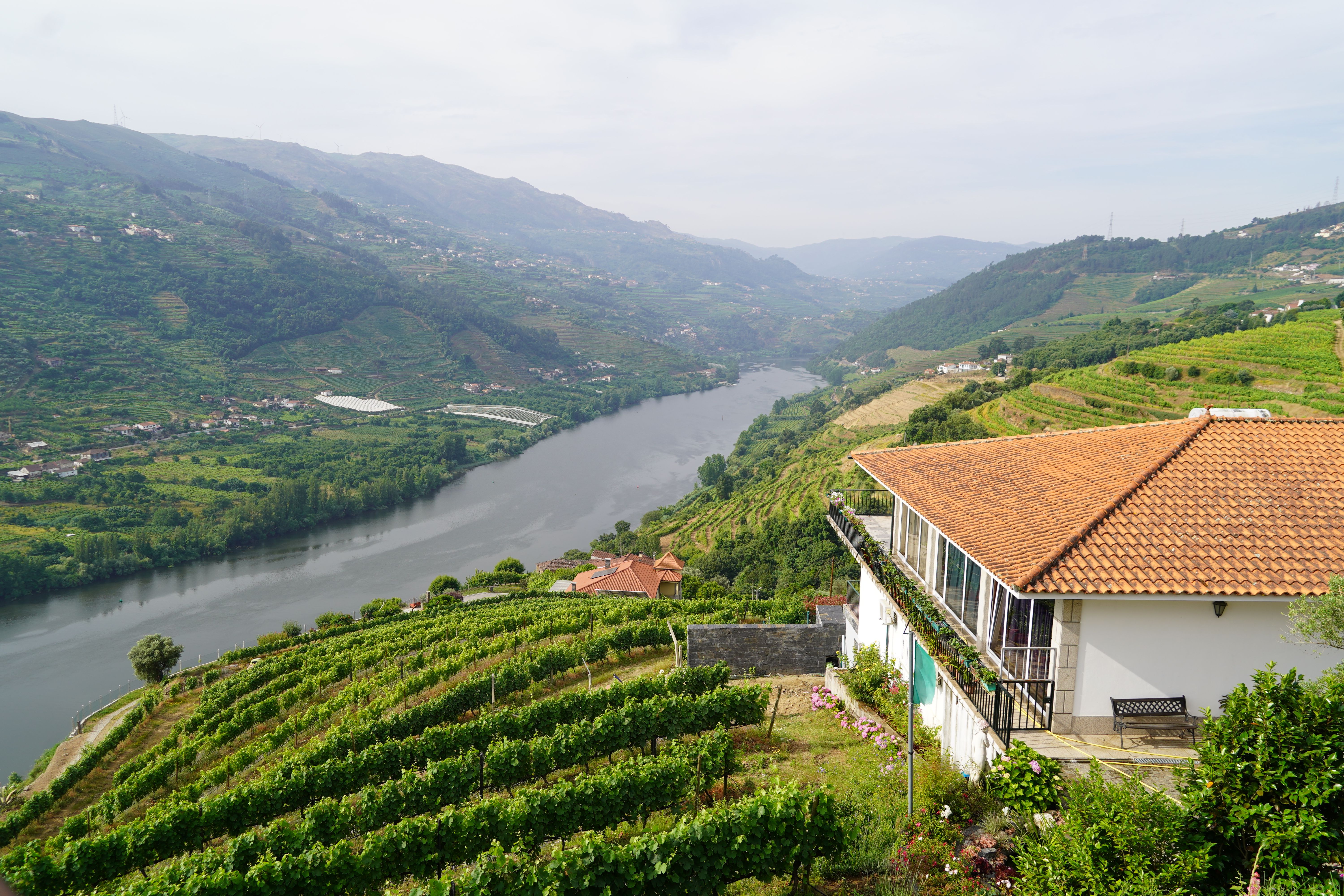 Arial view of Douro Valley in Portugal, with Douro River and historic home in the foreground
