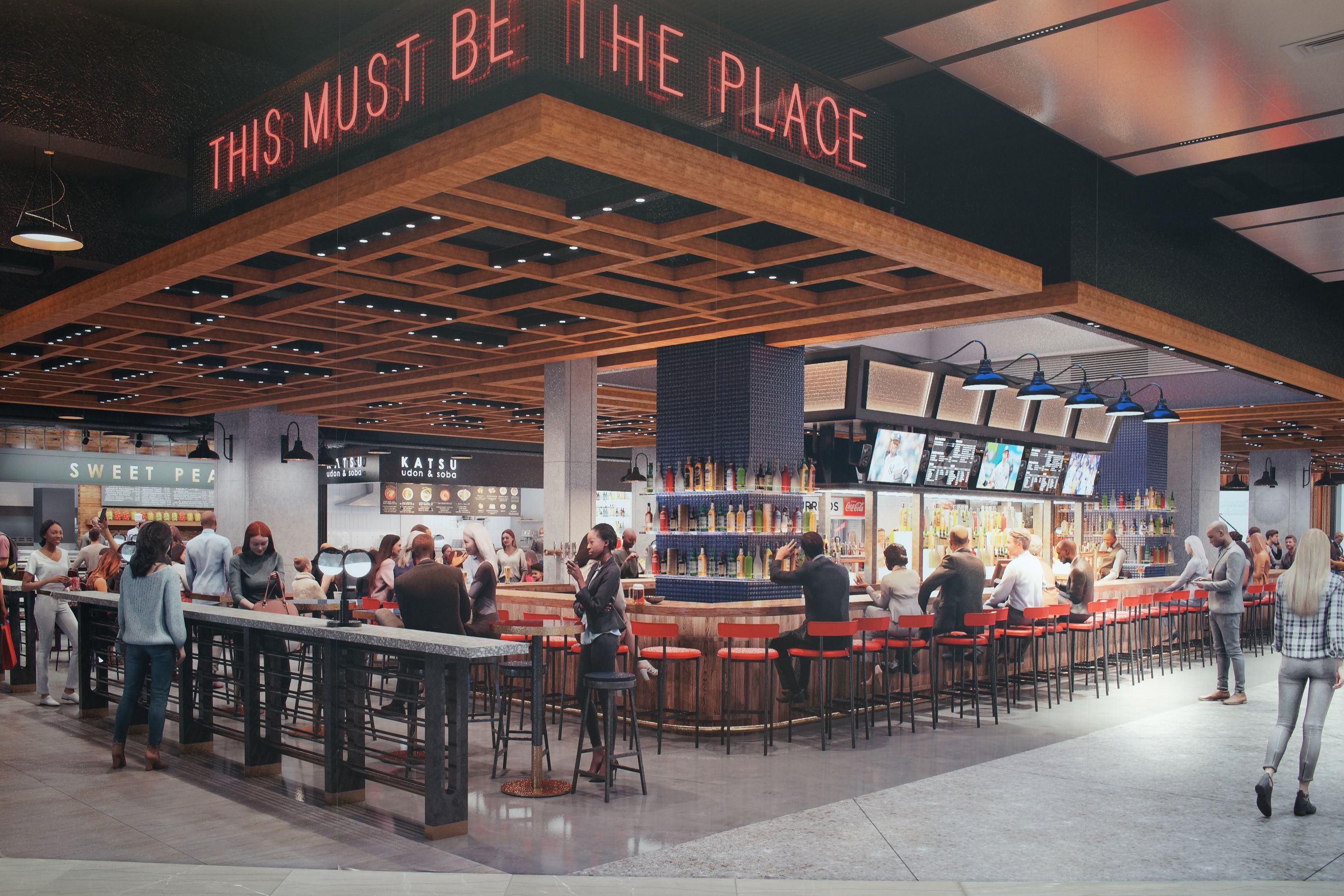 A view of Moynihan Food Hall at Moynihan Train Hall, New York City, New York, NY, USA.