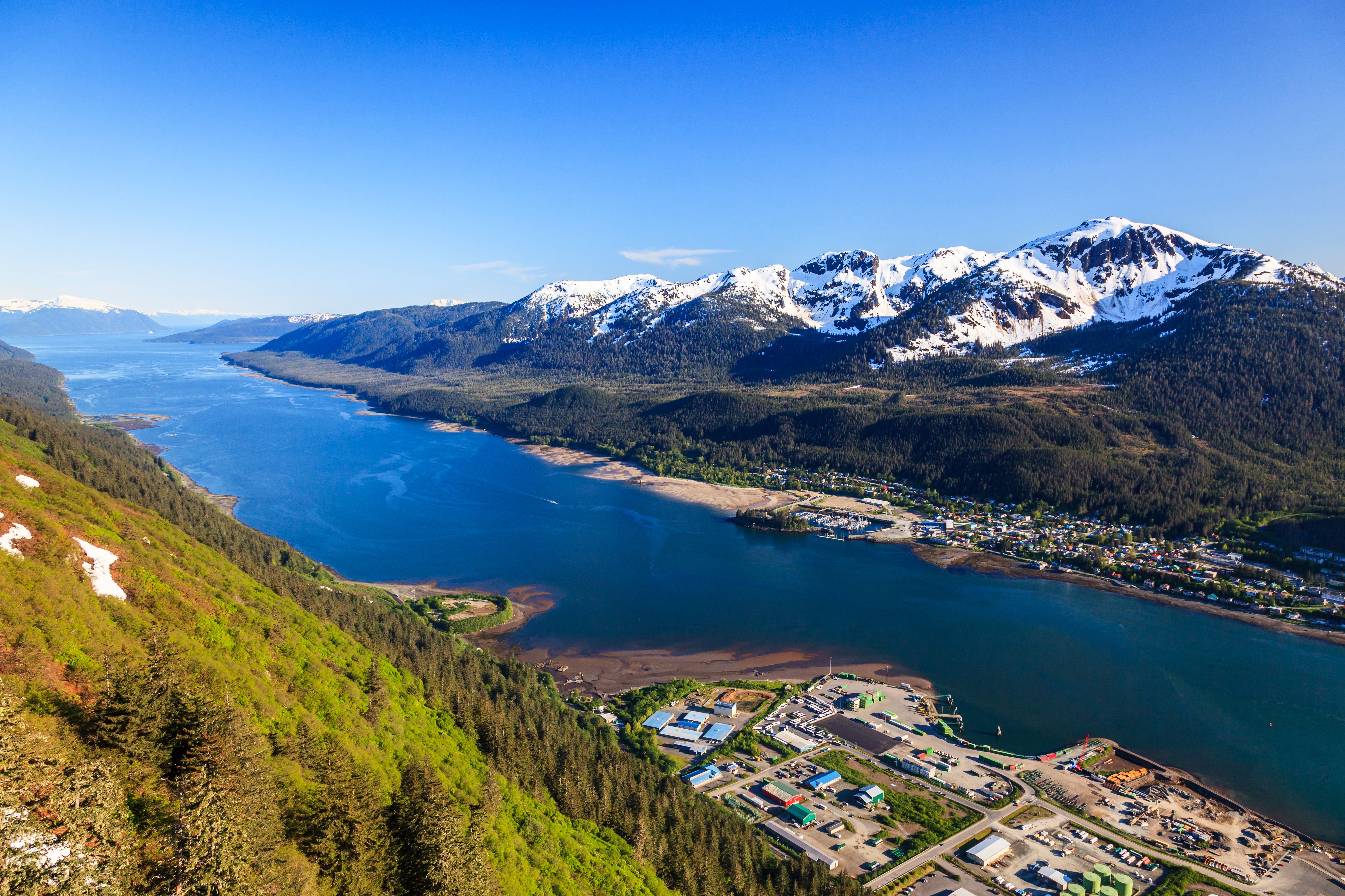 Aerial view of the Gastineau Channel and Douglas Island, in Juneau Alaska