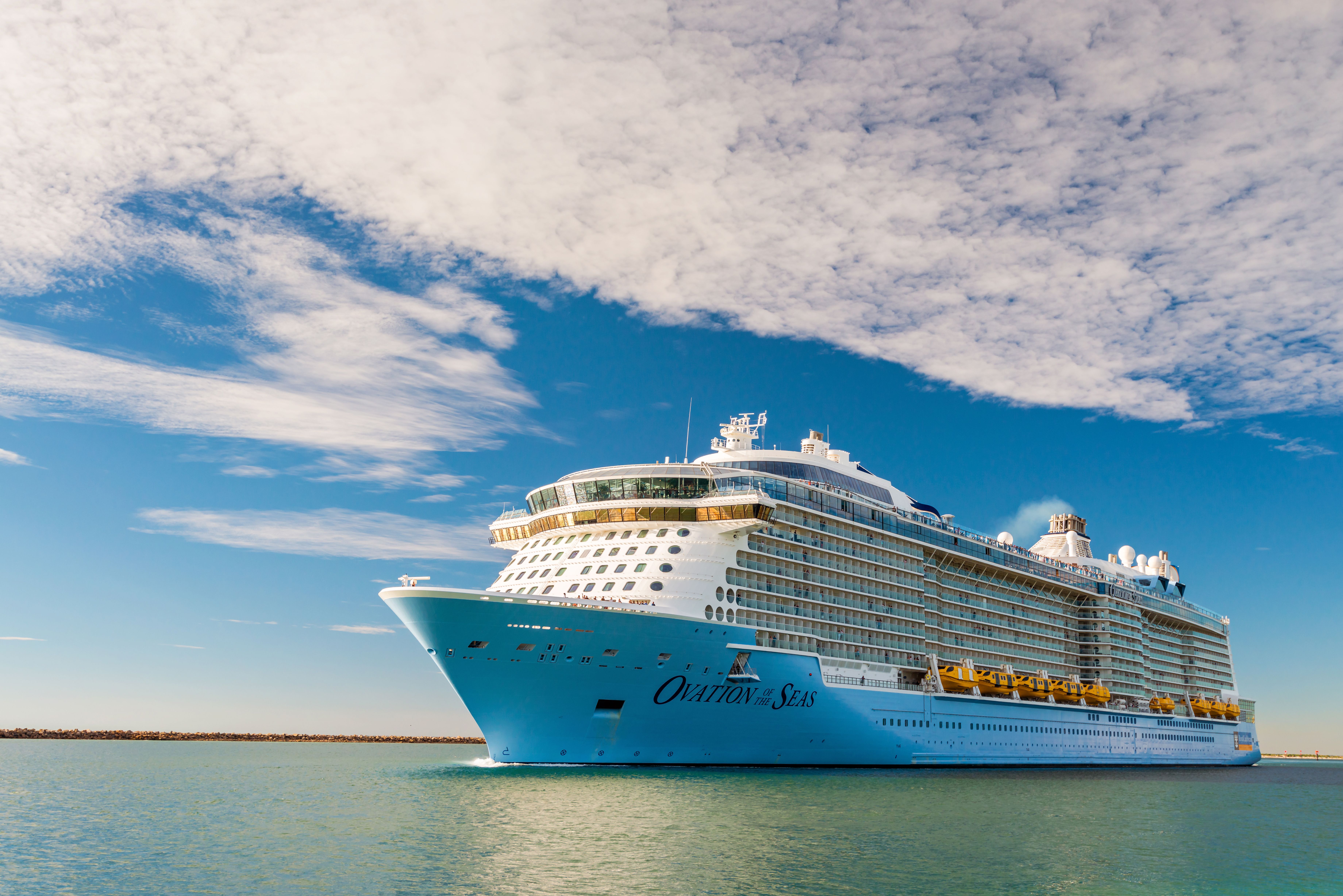 MS Ovation of the Seas cruise ship leaving Outer Harbour. It is third ship in the Quantum Class of passenger ships