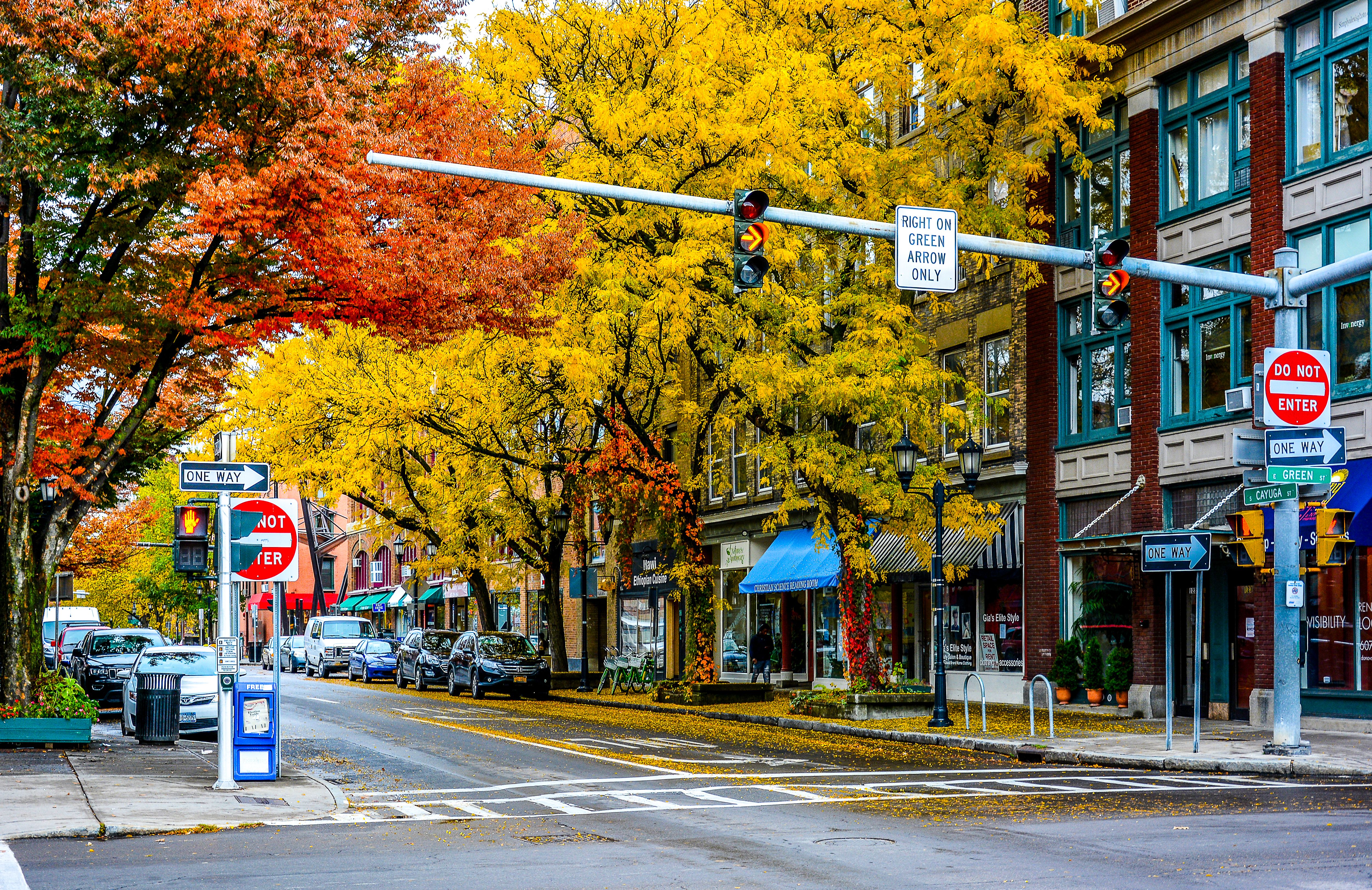 Cayuga Street in downtown Ithaca with trees in fall colors