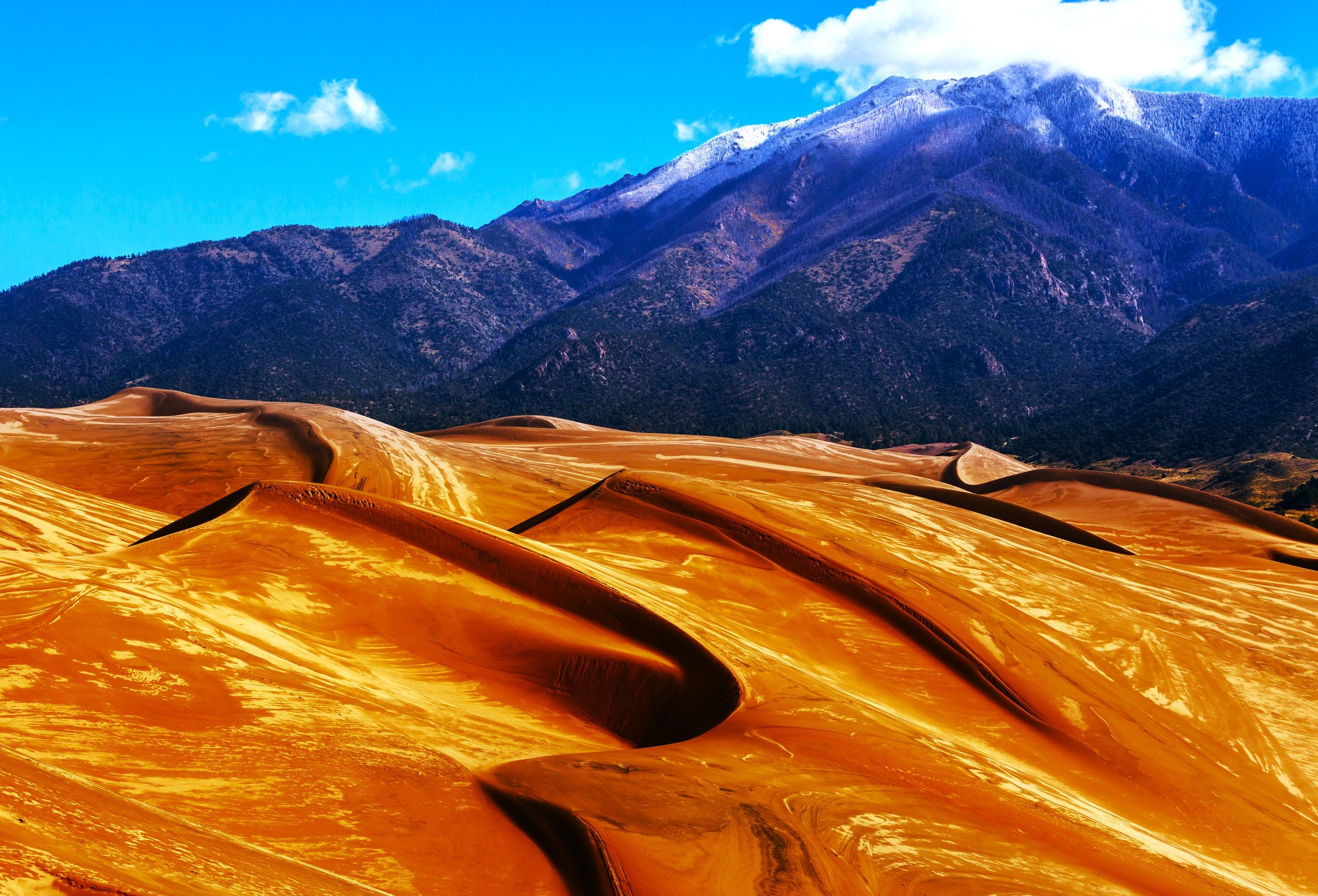 Mountains and sand dunes at Great Sand Dunes National Park and Preserve, Colorado, CO, USA