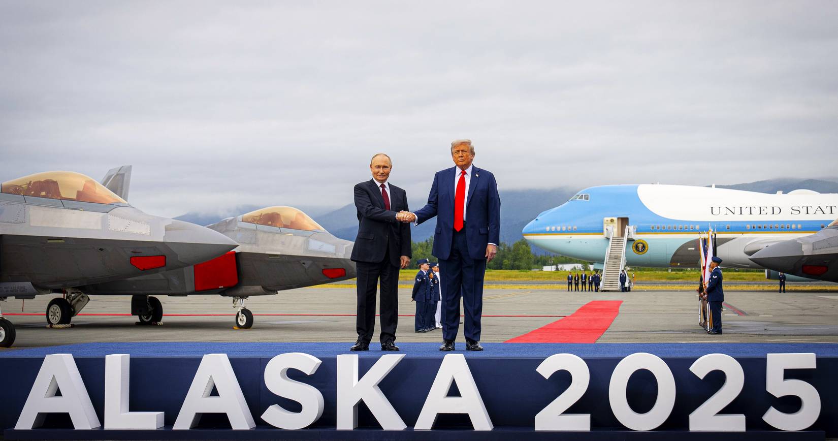 Trump and Putin shaking hands during their meeting in Anchorage, Alaska, AK, USA on August 15, 2025