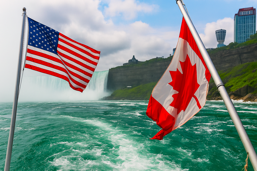 Artistic depiction of the Canadian side of Niagara Falls in Ontario, Canada, with the American (USA) and Canadian flags flying, with AI components