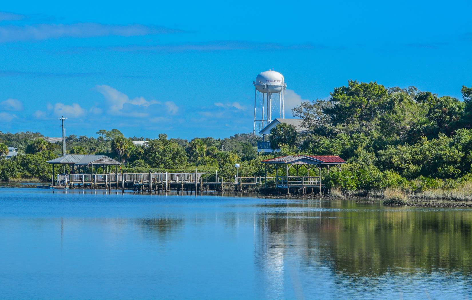 The Cedar Key Water Tower and Fishing Pier on the Island City of Cedar Key, Levy County, Florida