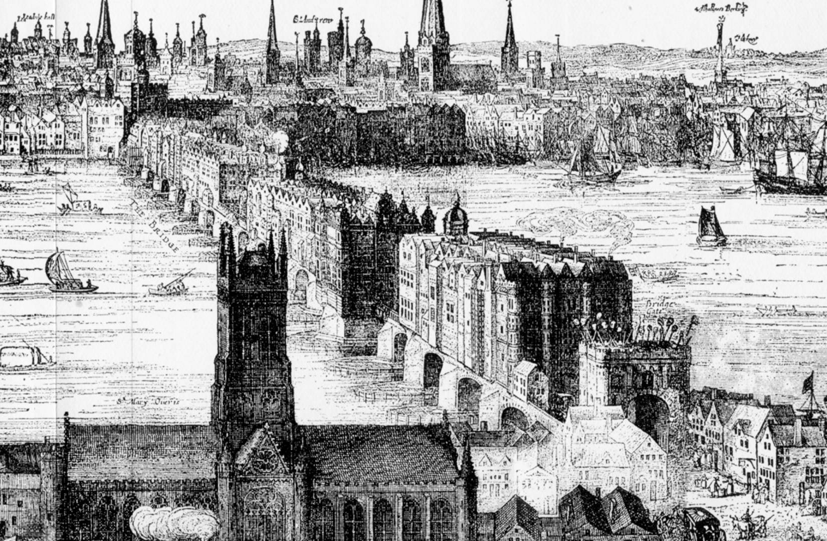 An engraving of London Bridge in the year 1616