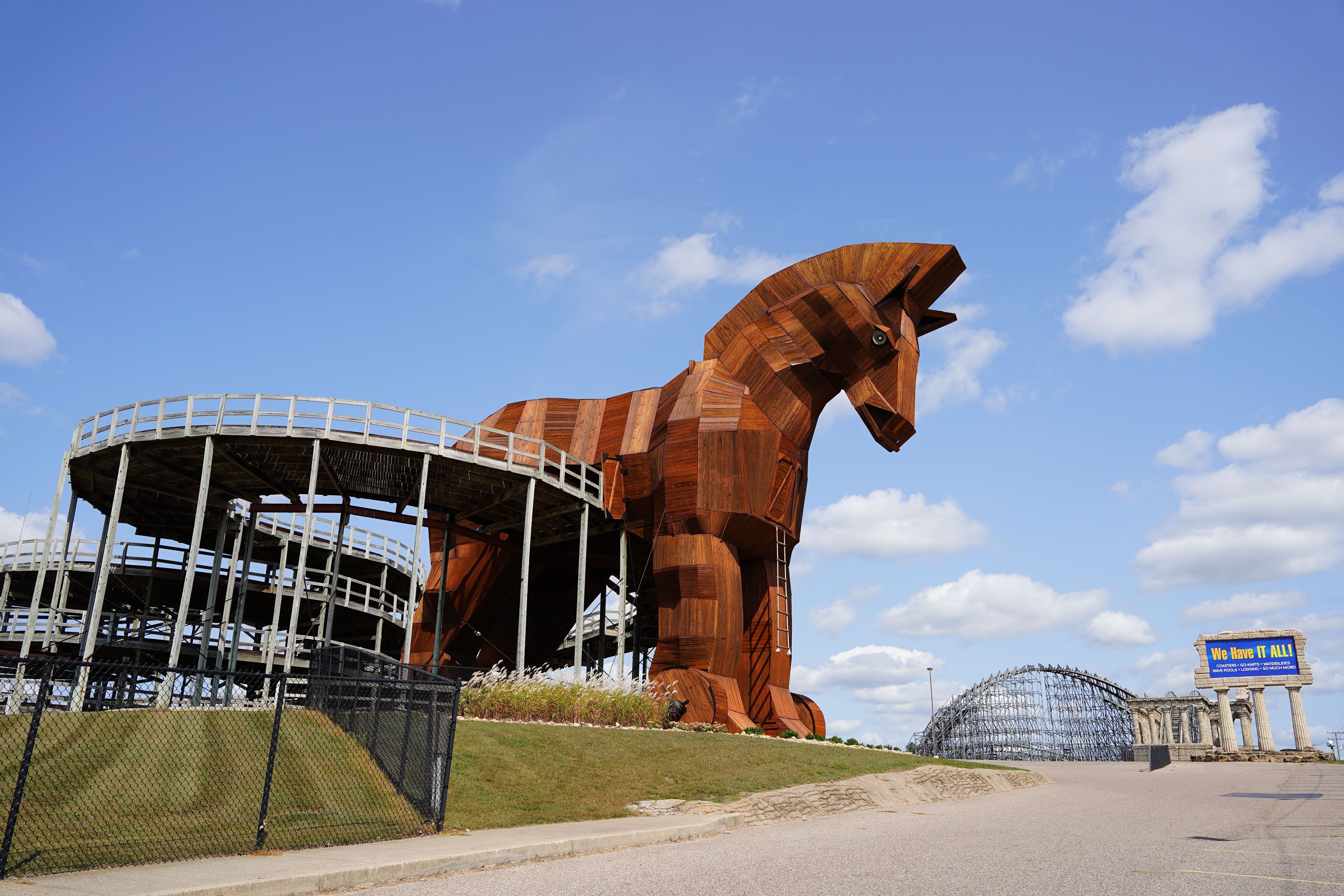 Wooden Trojan Horse go-kart track at Mt. Olympus, Wisconsin Dells, WI