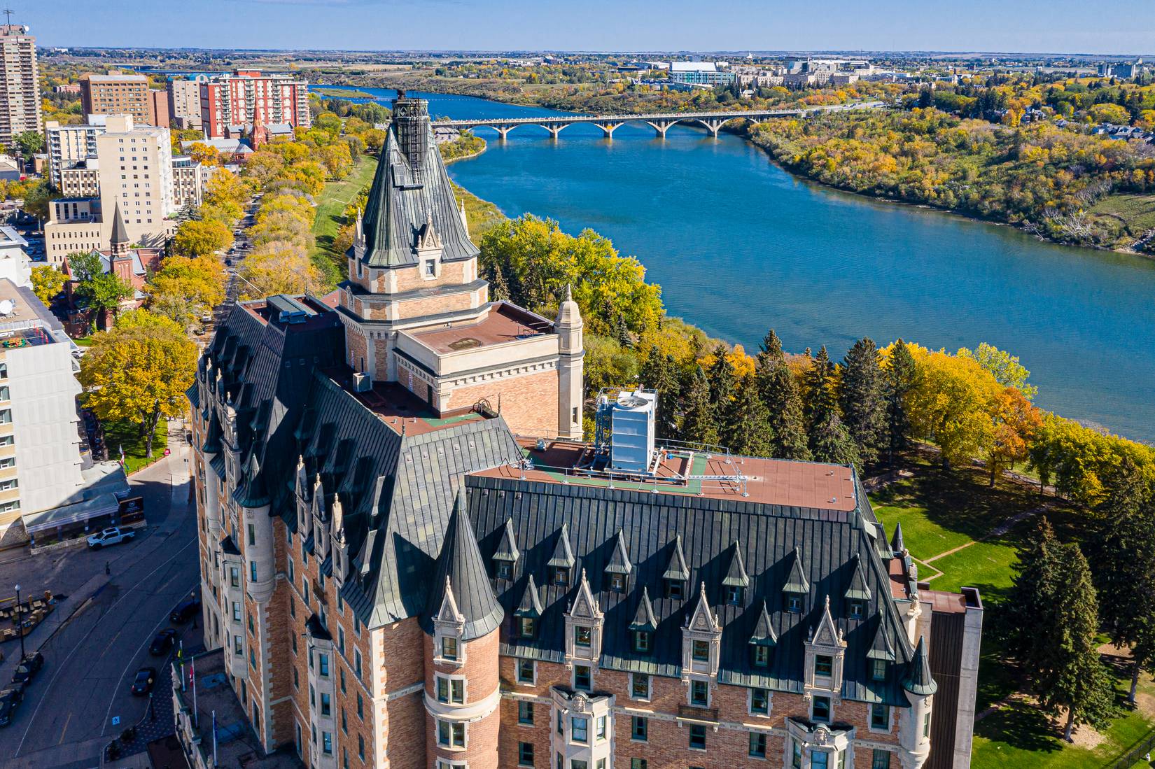 An aerial view of the downtown area of Saskatoon, Saskatchewan, Canada.