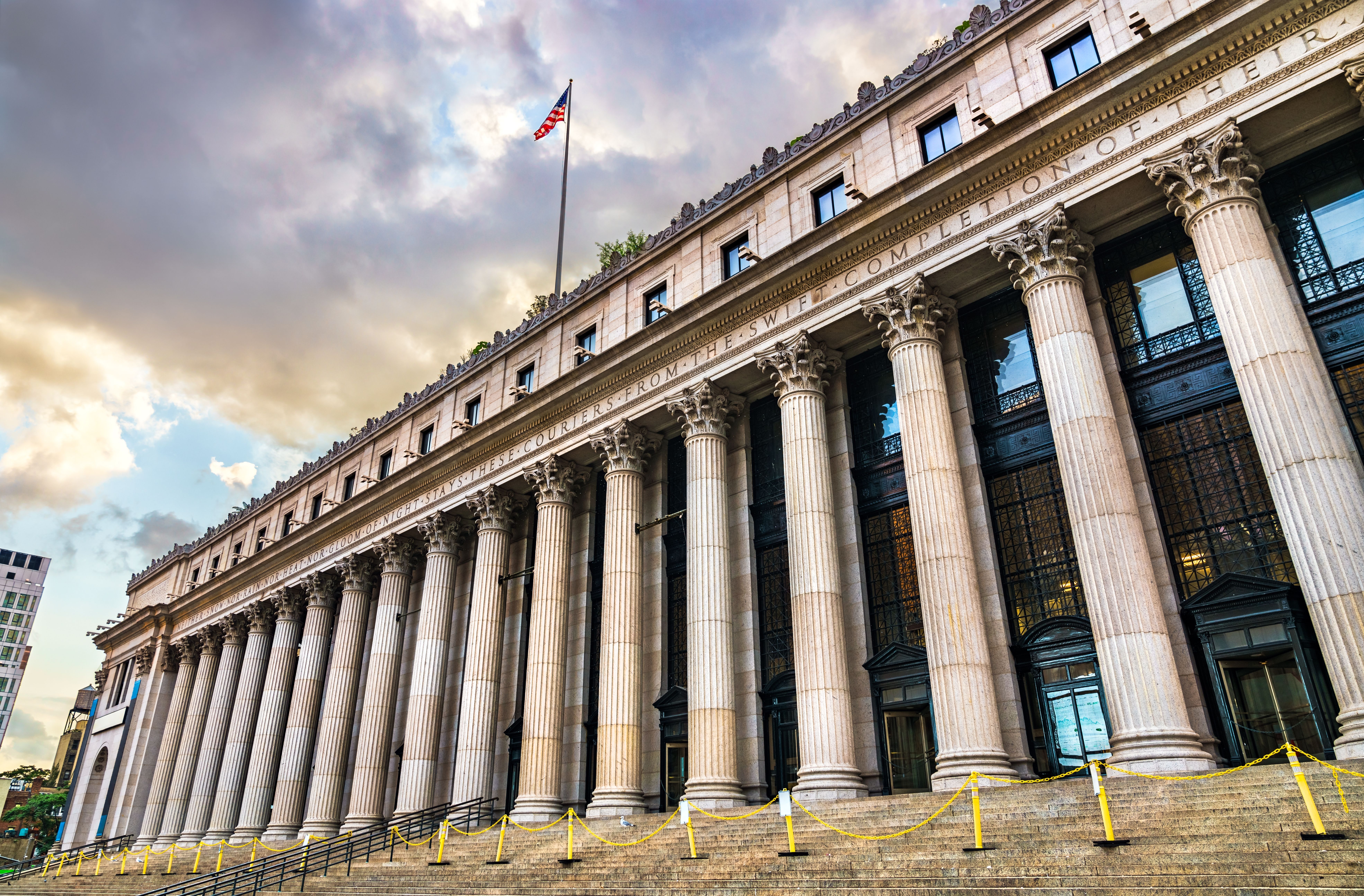 Facade of New York Penn Station in Midtown Manhattan, United States
