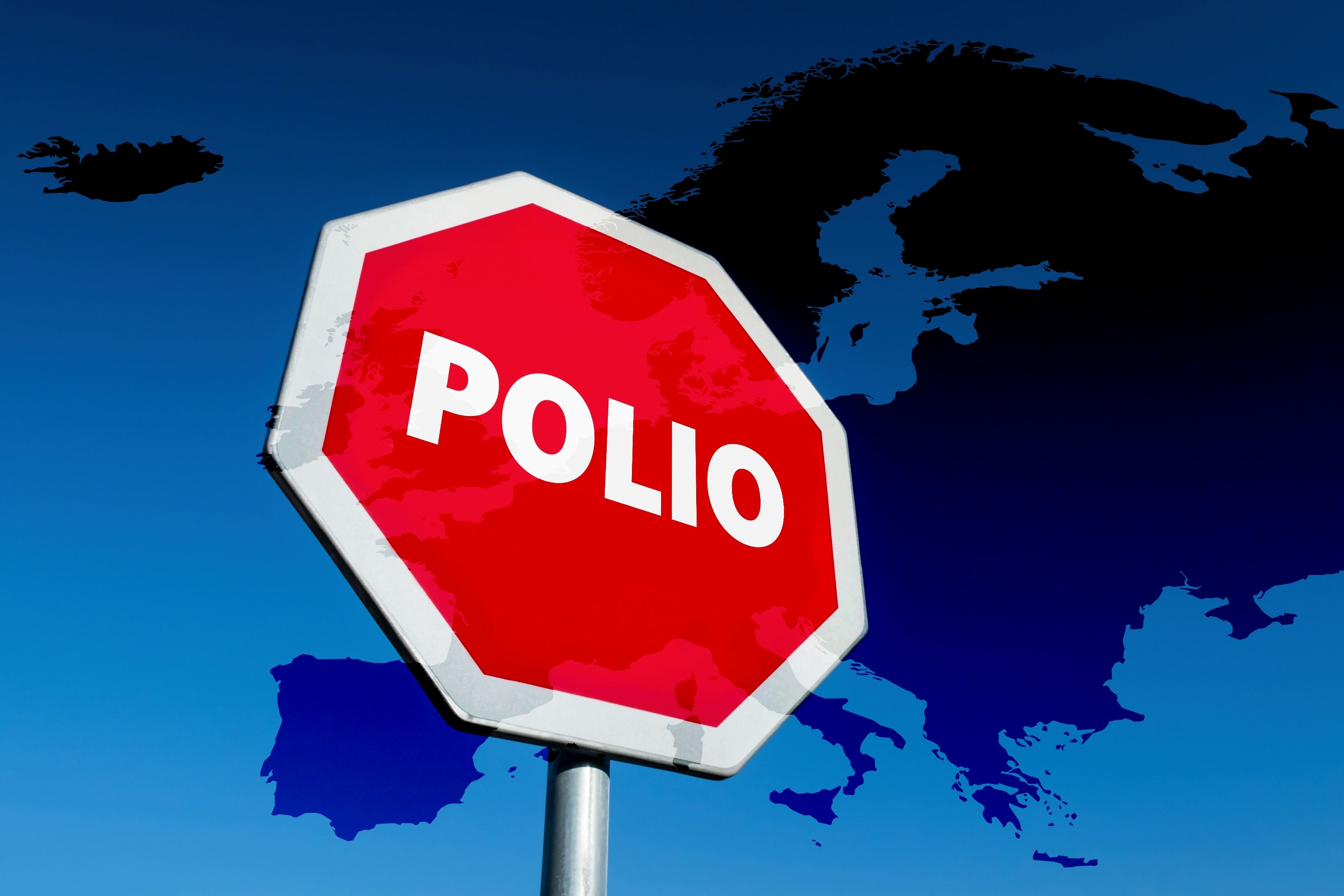 Stop traffic sign with Polio text to prevent disease to spread in Europe