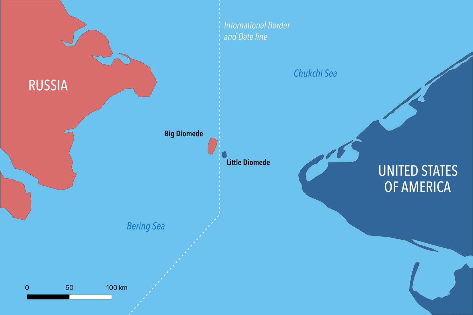 Map of the Diomede Islands showing the international border between the USA and Russia