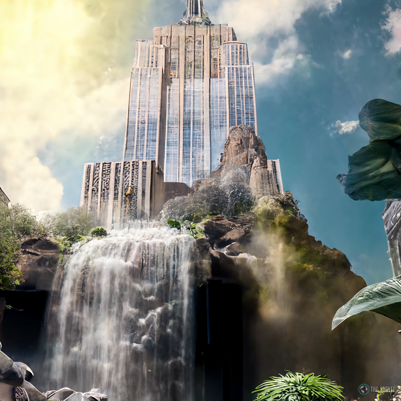 Empire state building waterfall sky