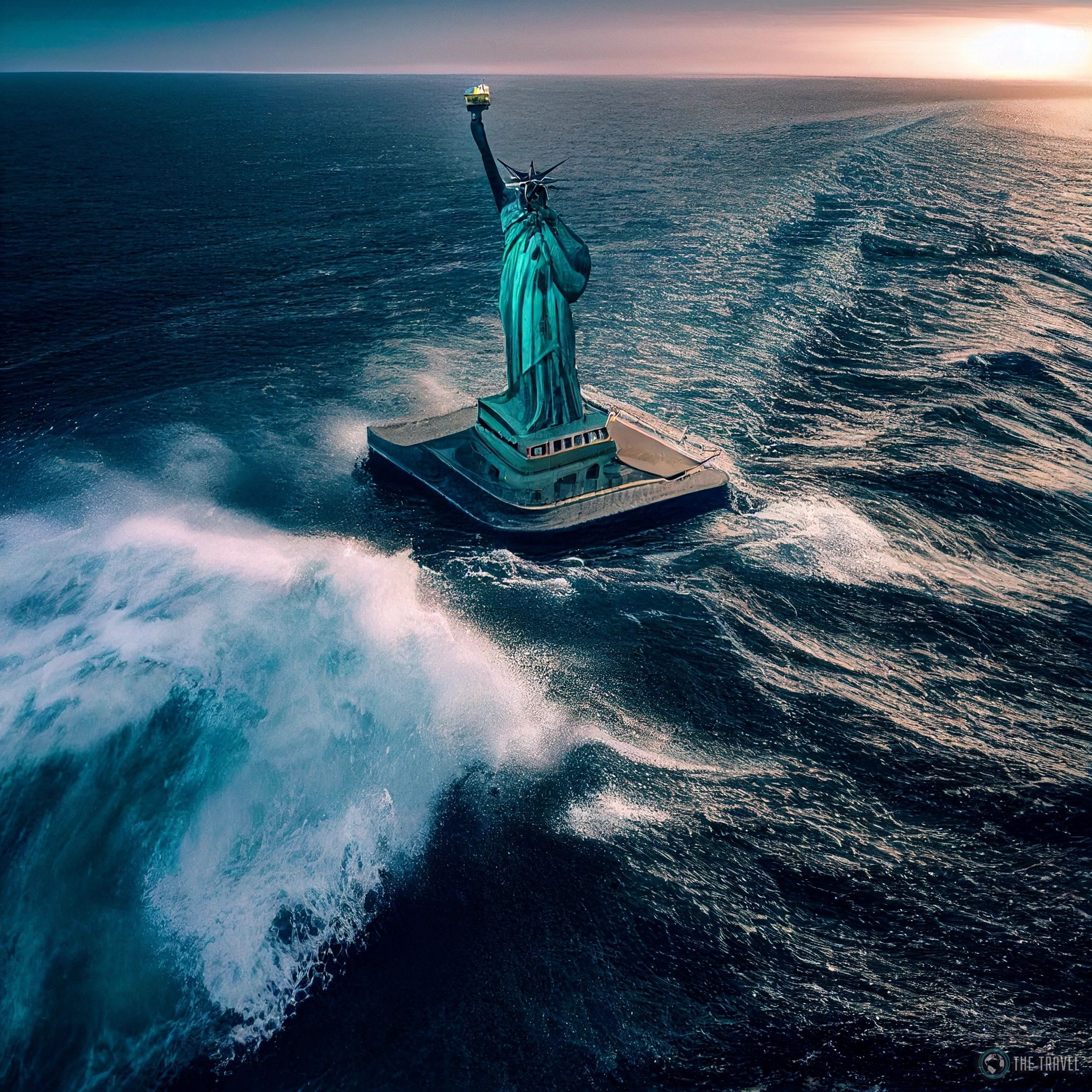 Ocean Statue of Liberty waves sunset